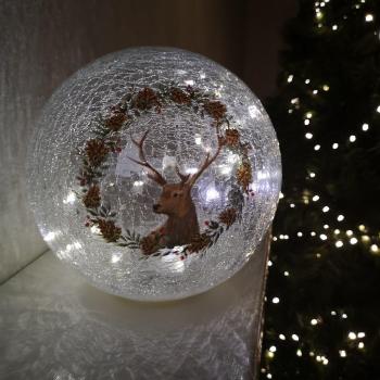 20cm Christmas Glass Crackle Reindeer LED Light Ball