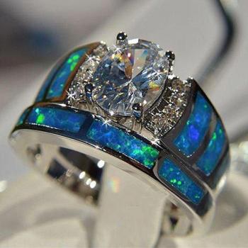 Huitan Blue Imitation Opal Ring Set for Women, Oval CZ, Size 5-10