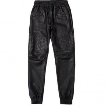 Men's Black Elastic Waist Faux Leather Pants
