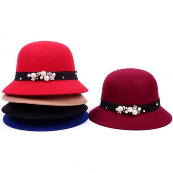 Vintage Women's Floppy Wool Felt Bucket Hat with Pearl