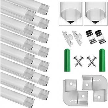 Aluminum V‑Profile LED Channel, Milky Cover, Metal Clips (14)