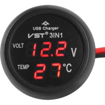 Pantalla Digital 3 en 1 para Coche 12V/24V: Voltímetro, Termómetro y USB