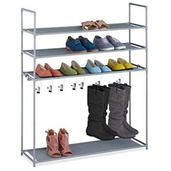 4-Tier Shoe Organizer, Holds 12 Pairs, 7 Boot Hooks, Metal and Fabric, Grey