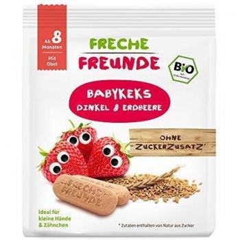Freche Freunde Babykekse Dinkel-Erdbeere, Bio, ohne Zuckerzusatz, für Babys ab 8. Monaten, vegan, 7er Pack