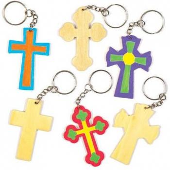 Cross Wooden Keyring Set (8 Pack) 4 Assorted Designs, Approx 6.5cm, Metal Keyring Included, Decorate & Personalise