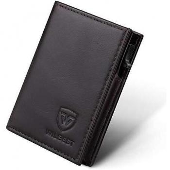 Wilbest® Mini-Kartenetui aus Leder, RFID-Schutz, für bis zu 9 Karten, 1 Banknotenfach, Geldbeutel Herren Klein, Geschenkbox
