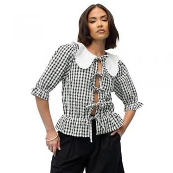 Small Black Gingham Tie‑Front Peplum Blouse