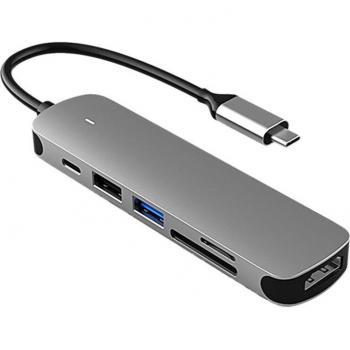 6 In 1 Type-C Hub met HDMI, 4K SD/TF Kaartlezer, USB 2.0 & 3.0, PD 60W Oplader Adapter