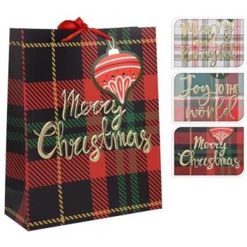 Sachet Cadeau Carton Tartan Noir et Rouge – 26 cm × 10 cm × 32 cm (Noël)