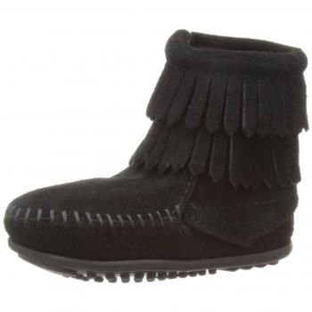 Botines Negros Minnetonka Infantil con Franja Doble y Cremallera Lateral – Talla 4 UK