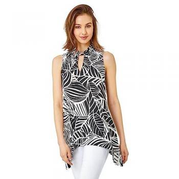 Roman Women's Black Metallic Leaf Print Stretch Top