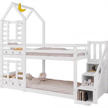 Lit superposé en bois blanc avec rangement et échelle 90x200cm