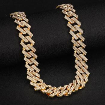 Collier Long Hip Hop en Chaîne Cubaine avec Strass Or et Argent 19mm