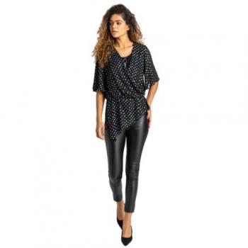 Black Foil Spot Print V-Neck Top with Necklace