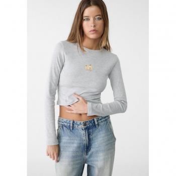 Stradivarius Grey Melange Embroidered Long Sleeve Tee Size S