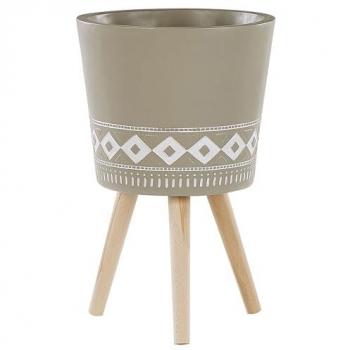 Cache-pot boho beige taupe avec support en bois 35 cm