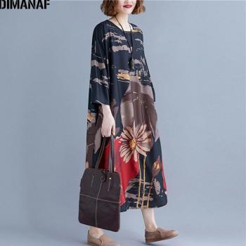 Vestido Holgado de Estilo Chino para Mujer, Tallas Grandes, Otoño, Manga Larga, Estampado Vintage