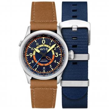 AVI-8 Flyboy Wingman Atlantic Blue Automatic GMT Worldtimer with Spare Strap for Men