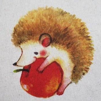 Notebook Cover with Hand-Printed Apple-Eating Hedgehog Design in Cotton and Linen