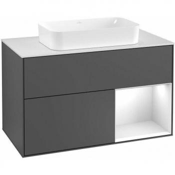Lavabo Finion Angolare Sospeso con Illuminazione Led e Stante – Laccato Nero Opaco, Dimensioni 1000x603x501 mm