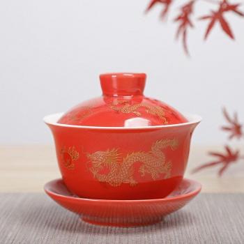 Juego de té de cerámica china, cuenco con tapa, esmalte negro, dragón dorado