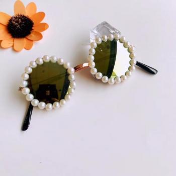 Girls' UV400 Metal Round Pearl Sunglasses