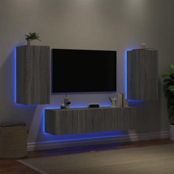 Vidaxl Sonoma Engineered Wood TV Wall Unit, 4 Pieces, Grey, with LED Lighting