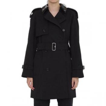 Burberry Women's Black Cotton Gabardine Trench Coat with Detachable Check Collar, Size 4