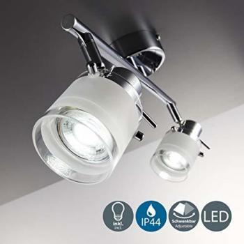 Warm‑weiße LED-Baddecke mit 2 flammenförmigen, schwenkbaren Chrom-Leuchten (5 W GU10), 230 V, IP44, 120 mm Höhe