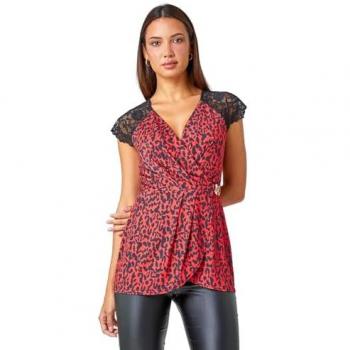 Red Women's Stretch V-Neck Wrap Top with Animal Print and Lace Trim