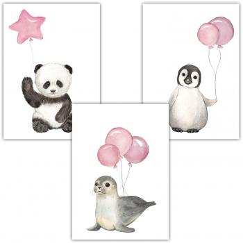 Frechdax® 3er Set Kinderzimmer Poster Baby Bilder DIN A4 | Waldtiere Safari Afrika Tiere Tierposter Luftballon Ballon Farbwahl (3er Set Rosa, Pinguin, Panda, Seehund)