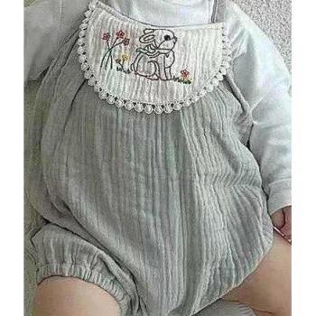 Cotton Linen Infant Bodysuit with Animal Embroidery 0-24m