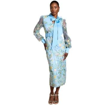 Coast Women's Mid-Length Blue Mesh Dress, Embroidered Pussybow – 16