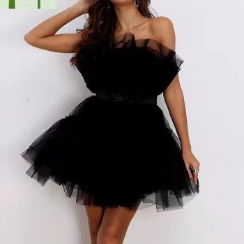 Robe d'été courte en tulle noir sans manches pour femmes, taille 34