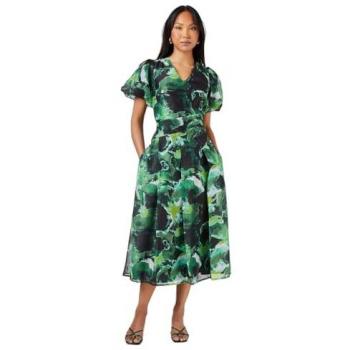 Lush Green Floral Midi with Puff Sleeves – Organza Fabric