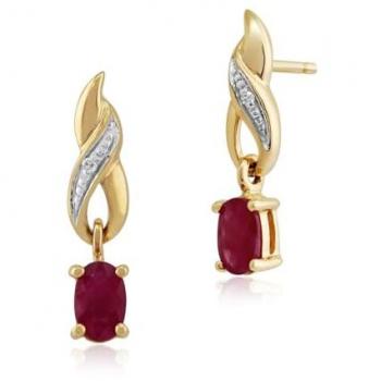 Oval Ruby & Diamond Drop Earrings, Art Nouveau Style – 9ct YG