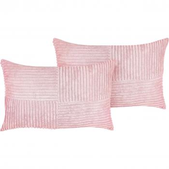 Set of 2 Decorative Throw Cushions Pink Corduroy 47 x 27 cm with Striped Pattern