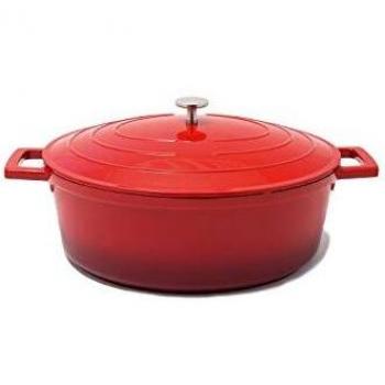 Cocotte de cuisine ovale en fonte d'aluminium rouge, idéale pour l'induction, mesure 32 x 25 cm