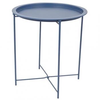 Collapsible Blue Steel Round Tray Table with Detachable Serving Tray