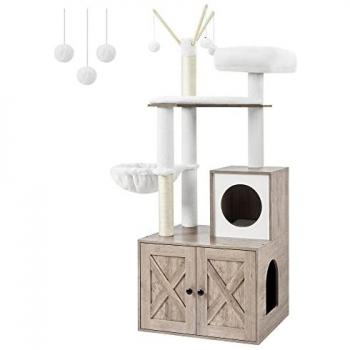 Feandrea Kratzbaum mit Katzenklo-Schrank, 151 cm hoch, 2-in-1 Katzenbaum, Schrank für Katzentoilette, mit Sisalstämmen, abnehmbaren Plüschbällen, Greige PCT113G01