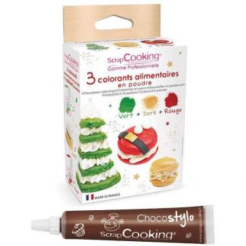 Colorants Poudre Vert, Rouge, Doré + Stylo Chocolat Scrapcooking