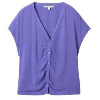 Tom Tailor Damen V-Ausschnitt Kurzarmbluse mit Knopfleiste und Raffung, vibrant purple, Größe S