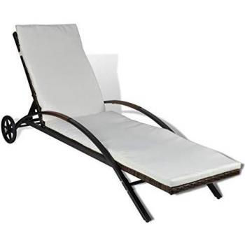 Chaise longue avec coussin 2 roues marron résine tressée