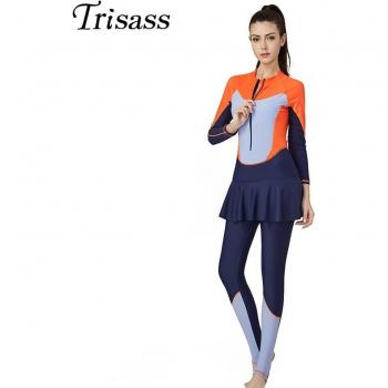 Trisass Women's Long Sleeve Bodysuit Swimwear with Skirt