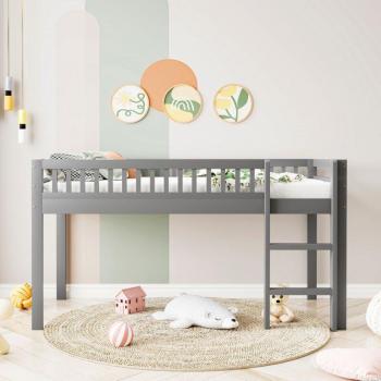 Letto bambino 90200 grigio legno massello con rete e scala di sicurezza
