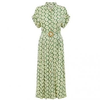 Robe Yumi en viscose mi-longue verte avec ceinture assortie 36