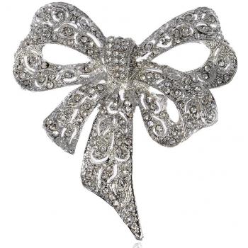 Transparent Silvery Tone Rhinestone Ribbon Pin