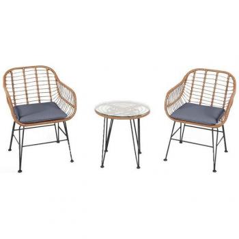 3tlg. Rattan Bistro-Set mit Sitzkissen