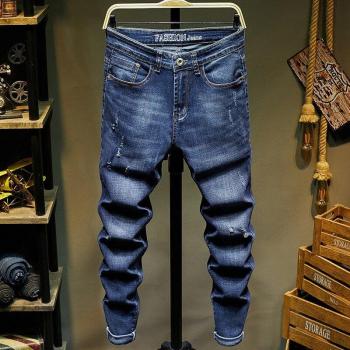 Pantalones informales de negocios para hombre, elásticos, corte recto, talla grande 38, color azul