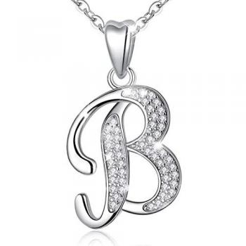 Collier en Argent 925 Lettre de l'alphabet Pendentif Initial avec Zircon Cubique, Chaîne 46cm Lettre B